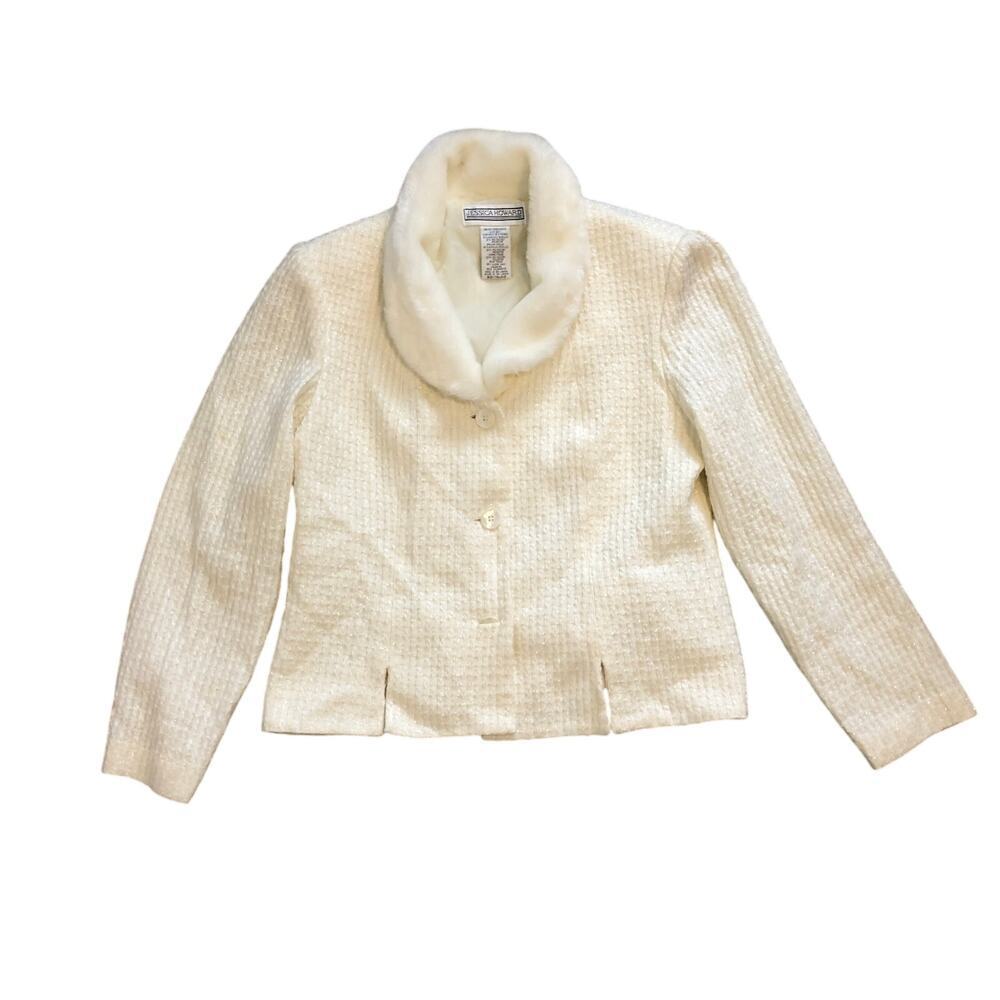 Jessica Howard Womens Blazer Jacket Sz 12 White Faux Fur Suit Winter